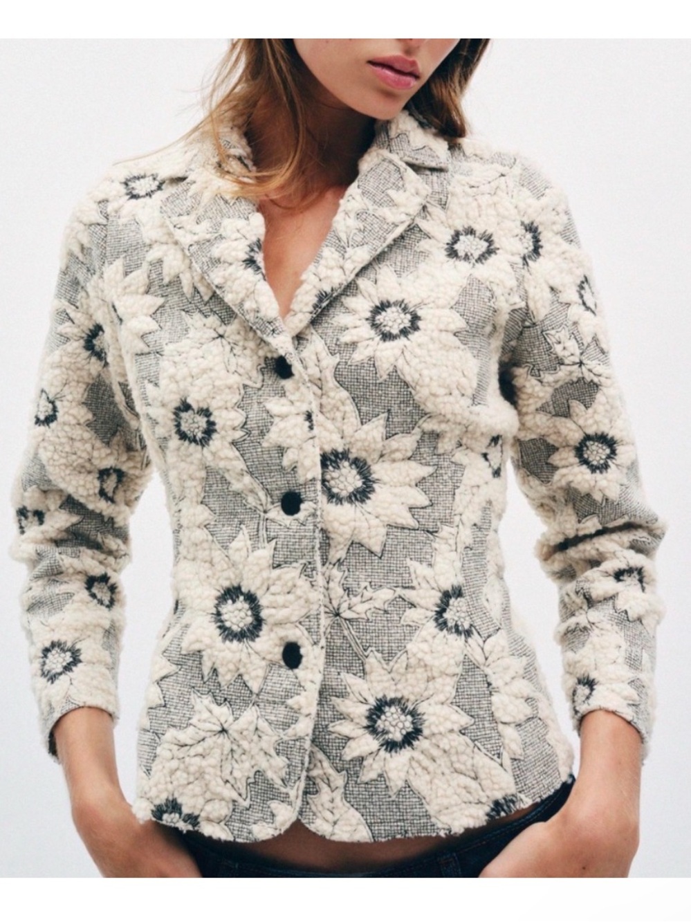 Zara Cream & Gray Floral Sherpa Textured Blazer